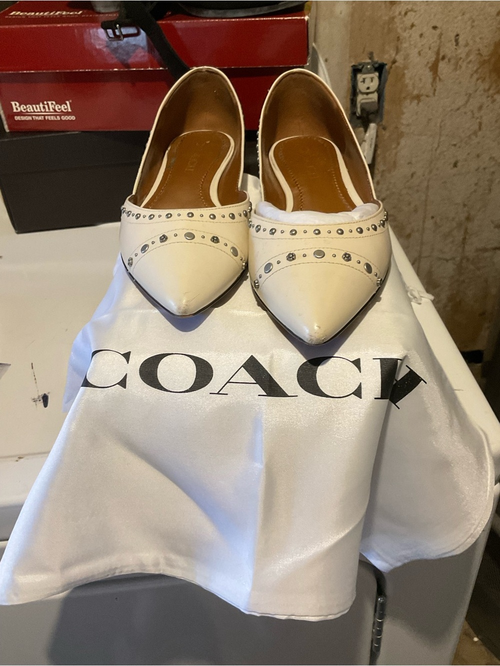 Coach Cream Pointed-Toe Studded Flats